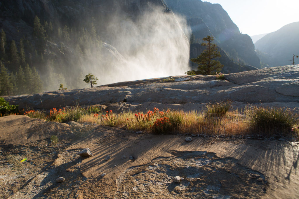 Waterfall spray rising behind sunlit granite and autumn shrubs
