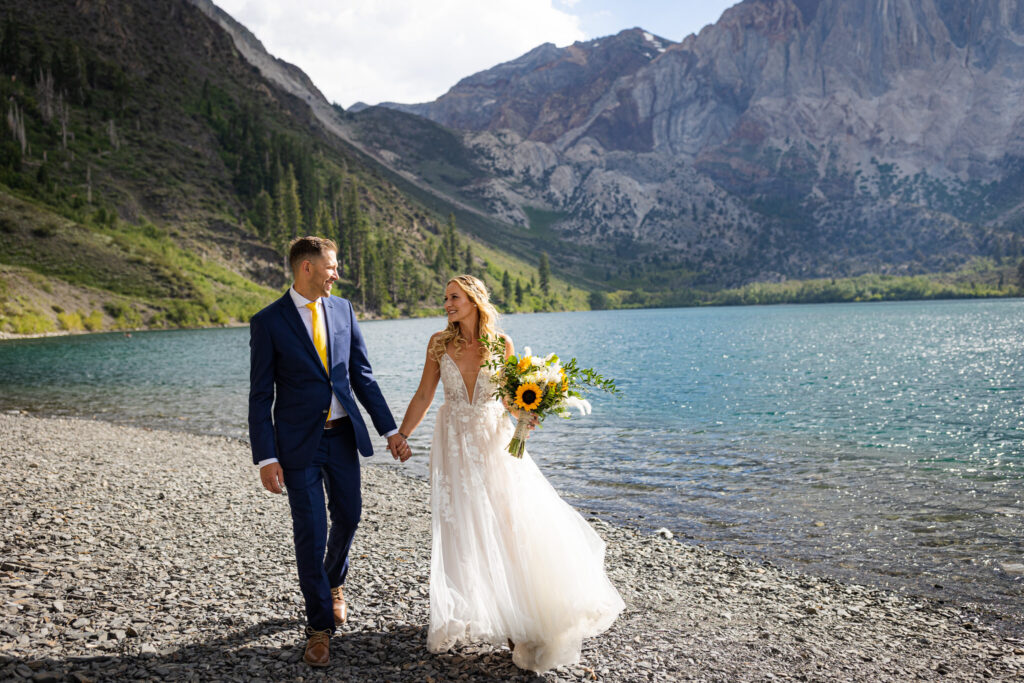 Convict Lake elopement couple beneath Mount Morrison