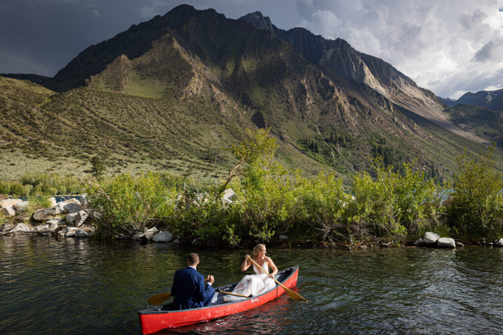 June Lake wedding portrait with mountain and forest scenery