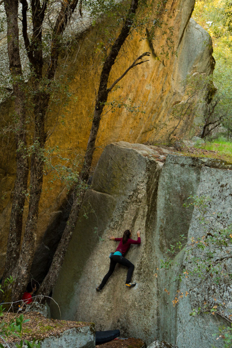 Climber in a red top ascending a tall rock face beside trees