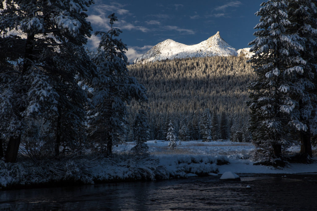 Snow-covered pine trees framing a mountain across a winter river