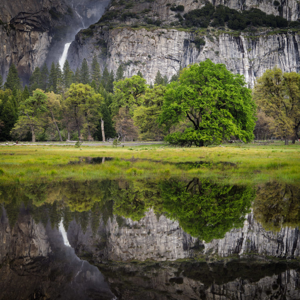 Granite cliffs and spring trees reflected in still river water