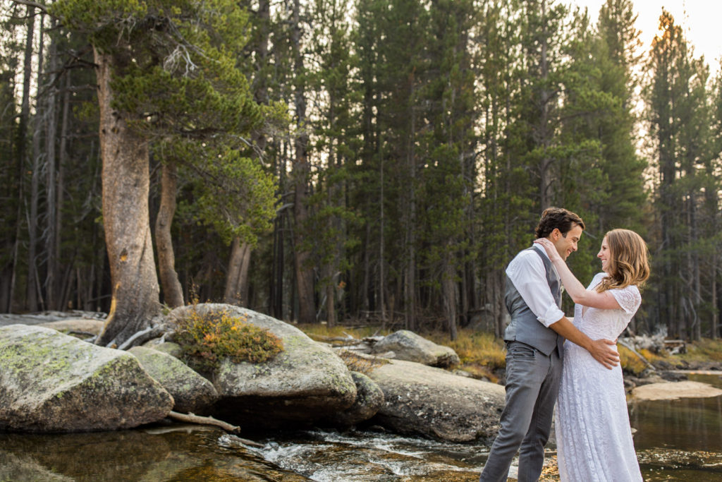 Couple embracing beside a stream in a pine forest