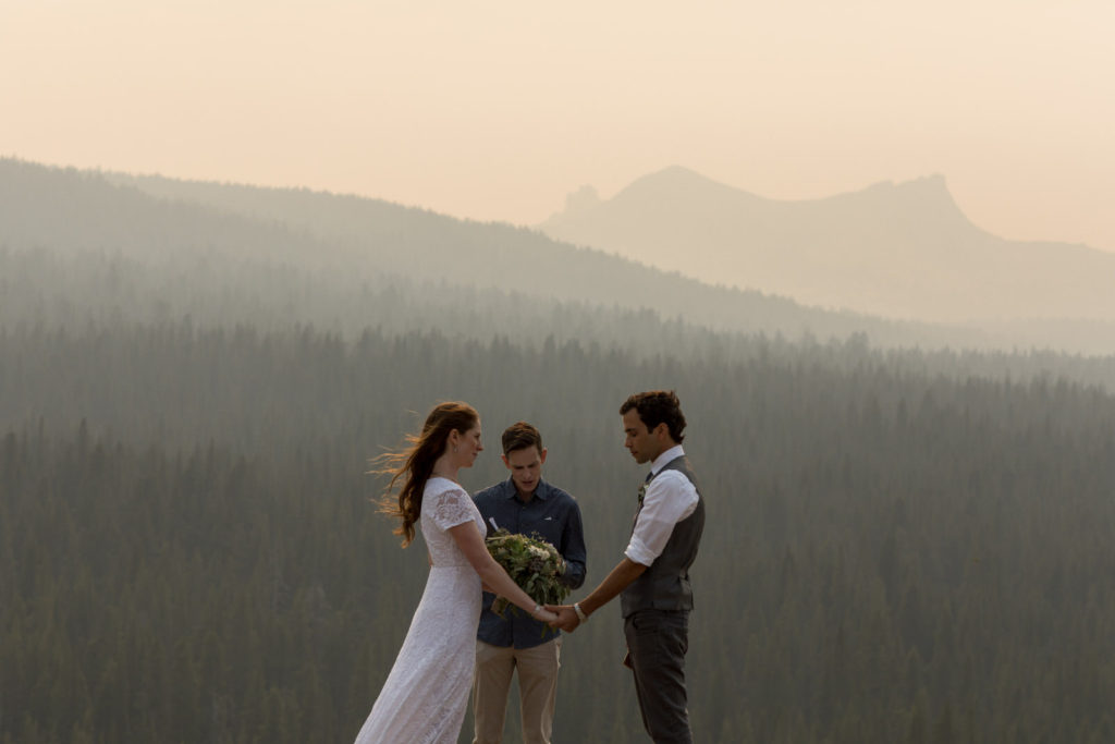 Wedding couple holding hands with a forested valley behind them