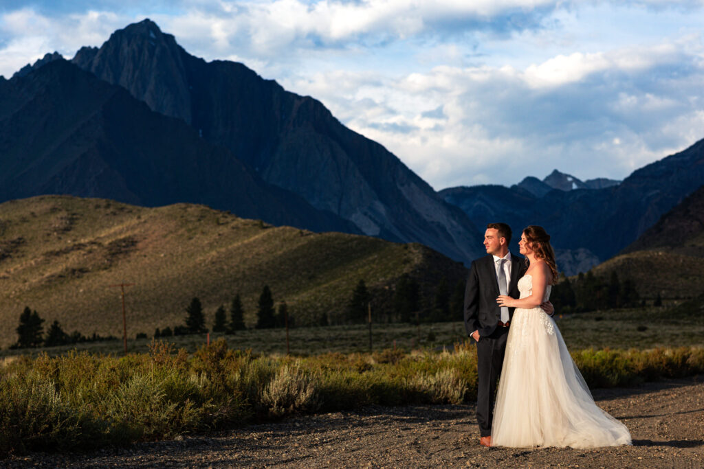 Bride portrait in a Mammoth Lakes meadow with mountain backdrop