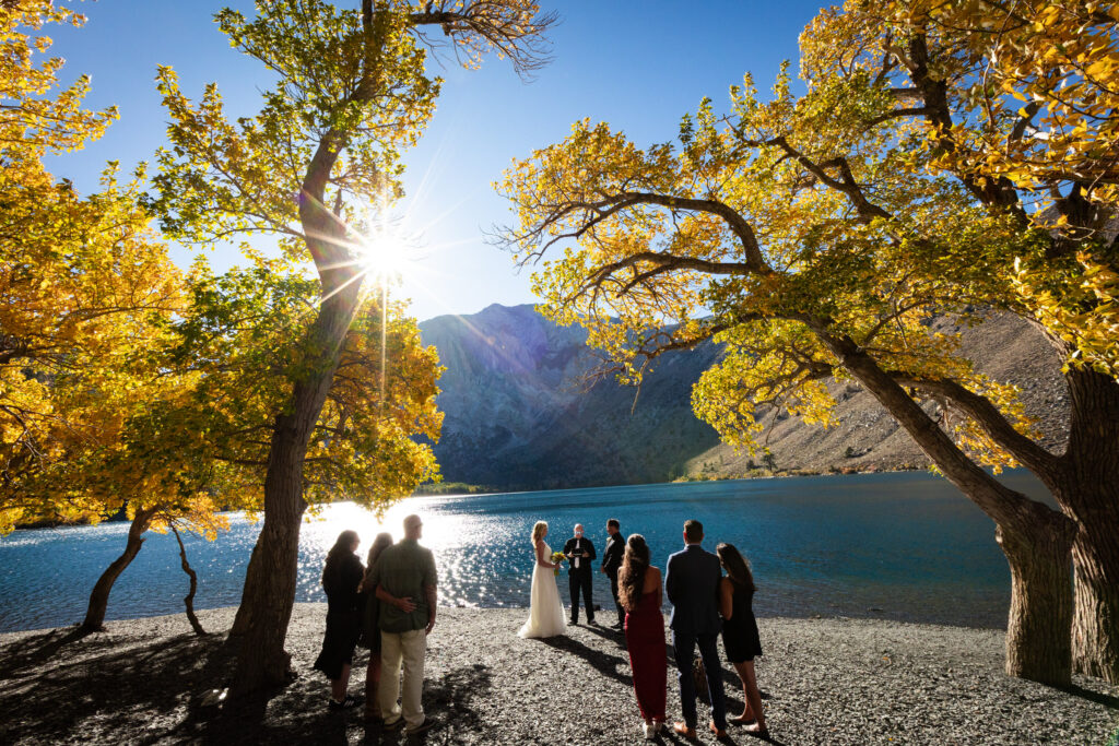 Convict Lake wedding couple beside the alpine lake