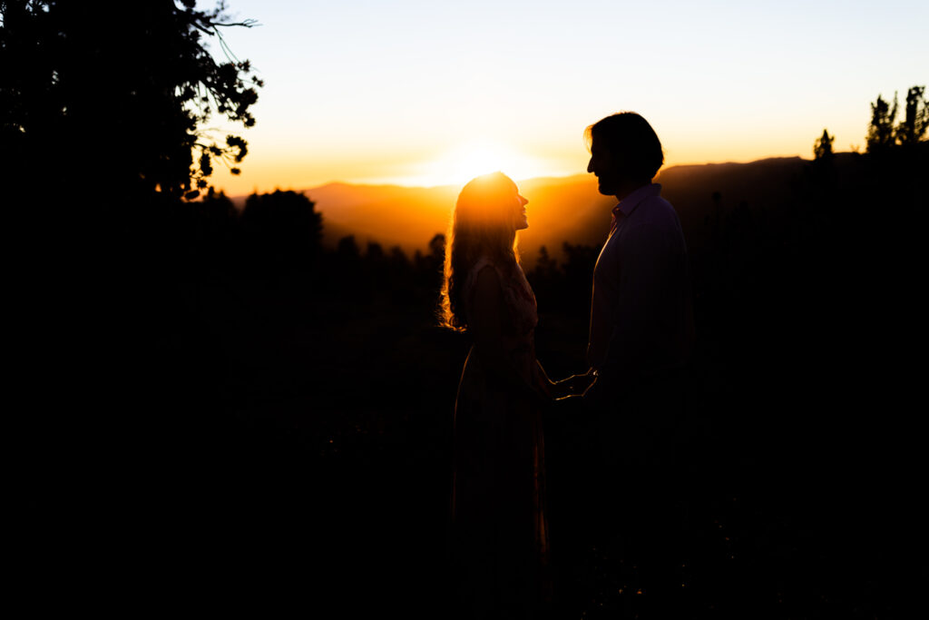 Silhouetted couple facing each other as the sun sets
