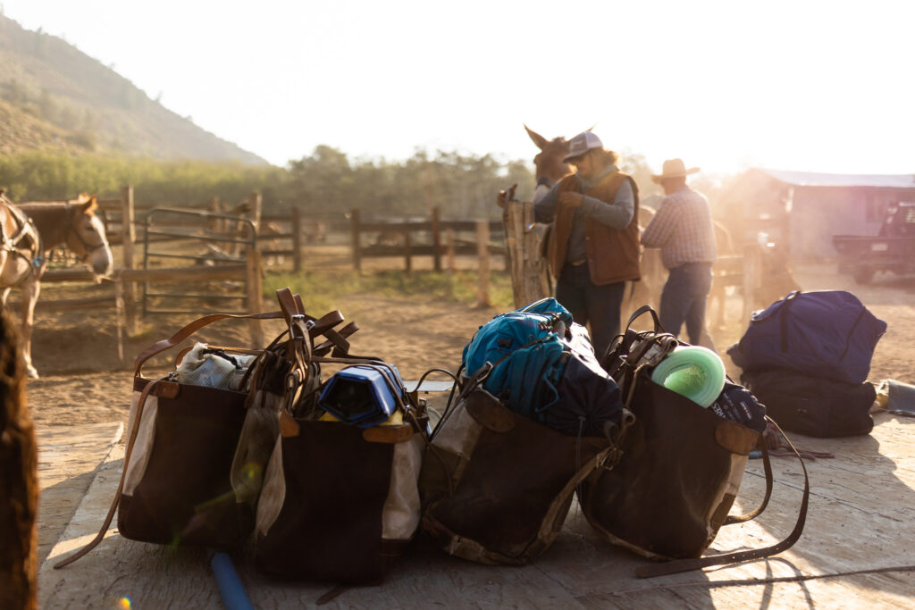 Packed saddlebags and camping gear at a mountain corral