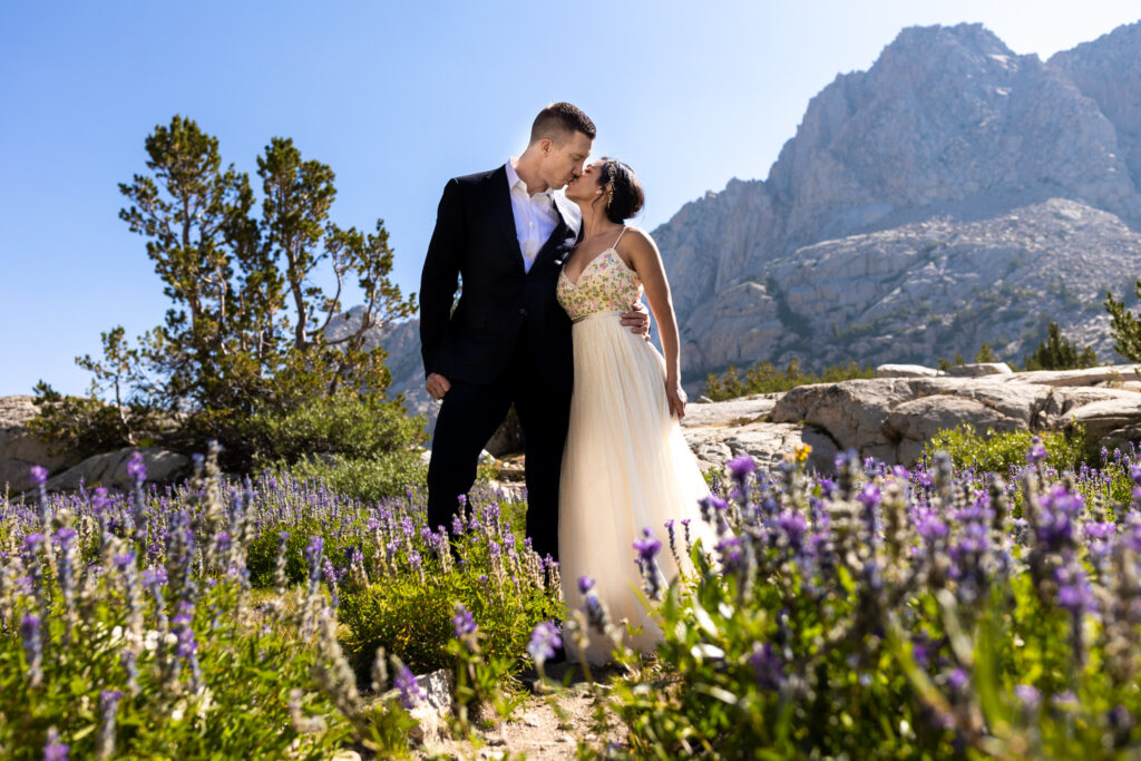 Couple kissing in a mountain meadow filled with purple wildflowers